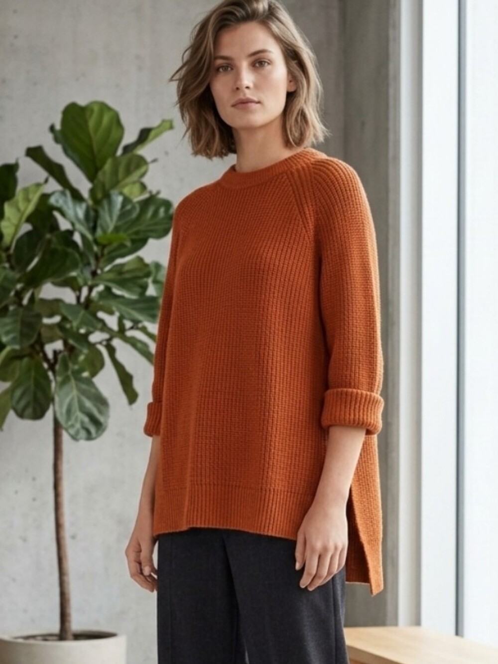 All:Row Cozy Long Knit Slip Side Sweater - Burnt Orange